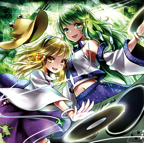 Anime picture 1000x992 with touhou kochiya sanae moriya suwako ria long hair blush short hair open mouth blonde hair bare shoulders multiple girls green eyes yellow eyes green hair dj girl navel 2 girls hat detached sleeves