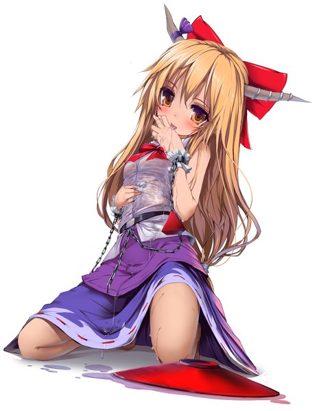 Anime picture 3619x4673 with touhou ibuki suika dot r single long hair tall image looking at viewer highres simple background brown hair white background brown eyes absurdres girl dress bow hair bow chain alcohol sake