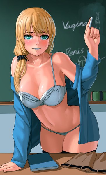 Anime picture 821x1351 with new horizon ellen baker lasterk single long hair tall image looking at viewer blush fringe breasts blue eyes light erotic blonde hair smile large breasts standing holding long sleeves arm up arm support