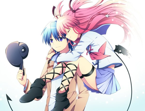 Anime picture 980x750 with angel beats! key (studio) yui (angel beats!) hinata hideki soranagi long hair short hair blue eyes simple background smile white background pink hair profile two side up hug flying embryo's pose girl boy uniform