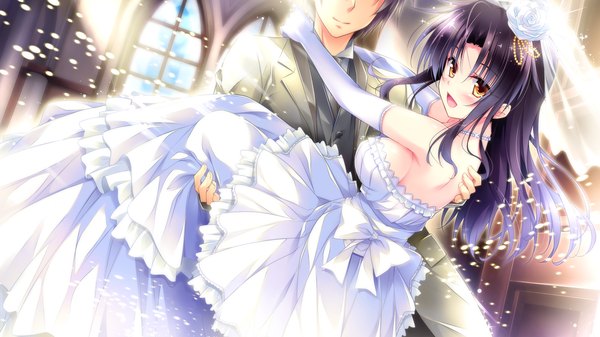 Anime picture 1920x1080 with golden marriage ensemble (studio) shimakage ruri long hair blush highres open mouth black hair wide image brown eyes game cg couple carrying wedding princess carry girl dress boy gloves elbow gloves