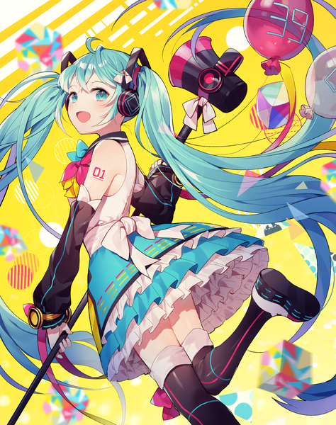 Anime picture 1936x2451 with vocaloid magical mirai (vocaloid) hatsune miku magical mirai miku magical mirai miku (2018) azit (down) single tall image looking at viewer highres open mouth standing twintails ahoge bent knee (knees) very long hair :d looking back aqua eyes aqua hair