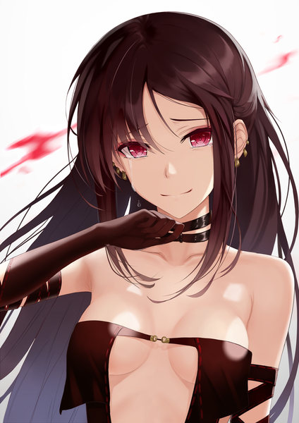 Anime picture 1767x2500 with fate (series) fate/grand order yu mei-ren (fate) z1npool single long hair tall image looking at viewer fringe highres breasts light erotic simple background hair between eyes red eyes brown hair white background payot upper body arm up