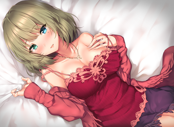 Anime picture 1182x868 with idolmaster idolmaster cinderella girls takagaki kaede yomono single looking at viewer blush short hair breasts light erotic brown hair large breasts bare shoulders cleavage lying parted lips heterochromia girl necklace