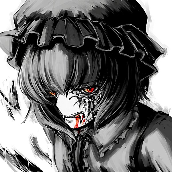 Anime picture 1000x1000 with touhou remilia scarlet mark (abenyugu) single short hair red eyes grey hair teeth fang (fangs) scar angry girl hat blood bonnet