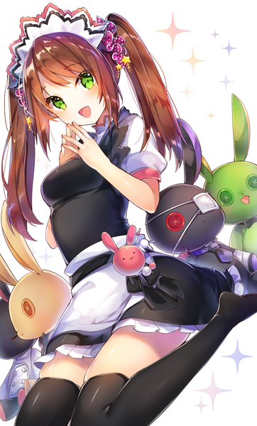 Anime picture 900x1489 with idolmaster idolmaster side-m mizushima saki sakofu single long hair tall image looking at viewer blush fringe breasts open mouth simple background brown hair sitting twintails green eyes :d short sleeves maid