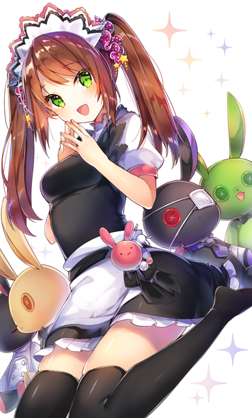 Anime-Bild 900x1489 mit idolmaster idolmaster side-m mizushima saki sakofu single long hair tall image looking at viewer blush fringe breasts open mouth simple background brown hair sitting twintails green eyes :d short sleeves maid