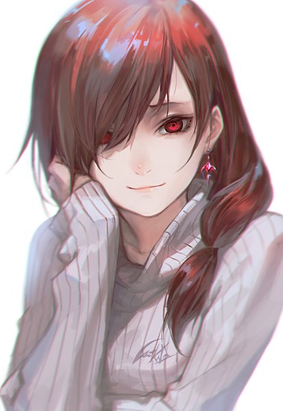 Anime picture 1034x1500 with original luen kulo single long hair tall image looking at viewer fringe simple background red eyes brown hair white background signed upper body light smile hair over one eye chin rest girl earrings sweater turtleneck