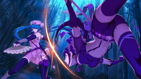 Anime picture 1600x900 with original shiitake urimo long hair wide image twintails purple eyes multiple girls blue hair purple hair night nurse battle girl thighhighs 2 girls plant (plants) sword tree (trees) shorts bandage (bandages)