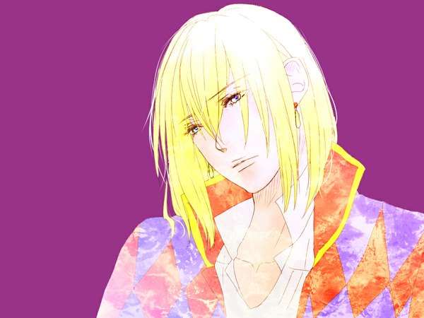 Anime picture 1024x768 with howl's moving castle studio ghibli howl single long hair blue eyes simple background blonde hair open collar purple background rhombus boy earrings shirt cape