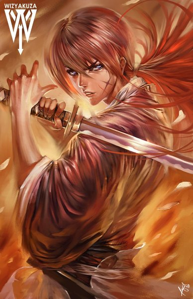 Anime picture 600x927 with rurouni kenshin himura kenshin wizyakuza single long hair tall image looking at viewer fringe blue eyes holding signed red hair traditional clothes parted lips japanese clothes looking back realistic wide sleeves scar weapon over shoulder