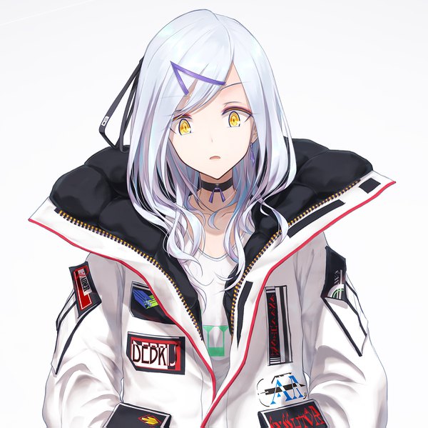 Anime picture 1200x1199 with original tsumi no hahen (debris) bae.c single long hair looking at viewer fringe open mouth simple background yellow eyes silver hair upper body multicolored hair gradient background eyeshadow hands in pockets logo girl hair ornament choker