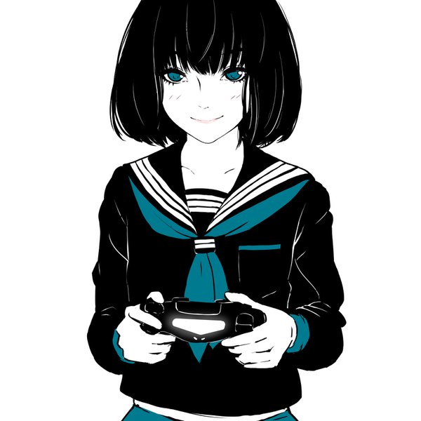 Anime picture 1500x1500 with original sony lam (ramdayo) single looking at viewer fringe short hair blue eyes black hair simple background smile white background upper body polychromatic high contrast girl uniform serafuku neckerchief controller
