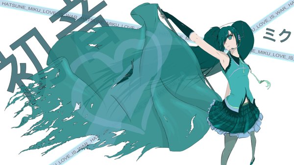 Anime picture 5760x3240 with vocaloid hatsune miku long hair fringe highres wide image green eyes absurdres green hair hair over one eye hieroglyph alternate hairstyle torn flag girl skirt heart flag