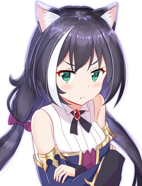 Anime picture 766x1000 with princess connect! re:dive princess connect! karyl (princess connect!) yutsuki warabi single long hair tall image looking at viewer blush fringe black hair simple background white background twintails bare shoulders green eyes animal ears payot upper body multicolored hair