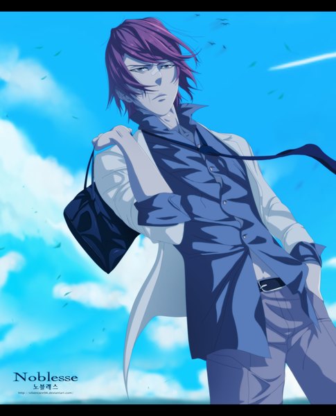 Anime picture 1457x1800 with noblesse han shinwoo silvercore94 single tall image short hair blue eyes sky cloud (clouds) red hair inscription coloring hand in pocket boy animal shirt necktie bird (birds) pants bag