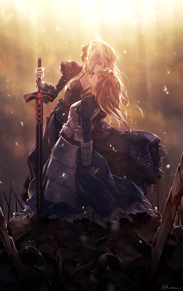 Anime picture 998x1583 with fate (series) fate/grand order fate/stay night artoria pendragon (all) saber saber alter sueun long hair tall image short hair blonde hair multiple girls holding signed yellow eyes cleavage braid (braids) long sleeves sunlight twitter username