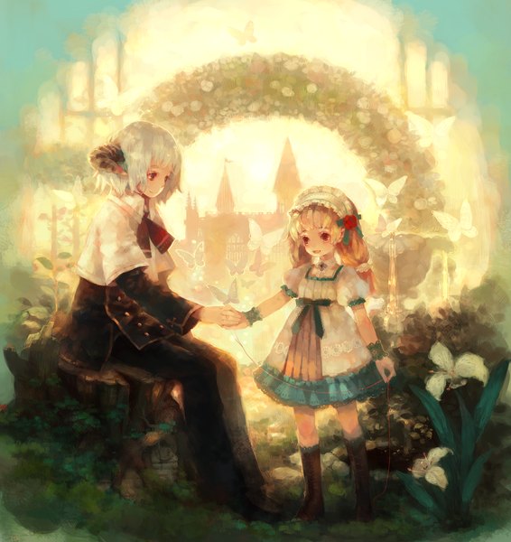 Anime picture 1207x1279 with original wakatsuki (etoiles) long hair tall image short hair blonde hair smile red eyes sitting twintails white hair horn (horns) holding hands girl dress boy flower (flowers) bow insect butterfly
