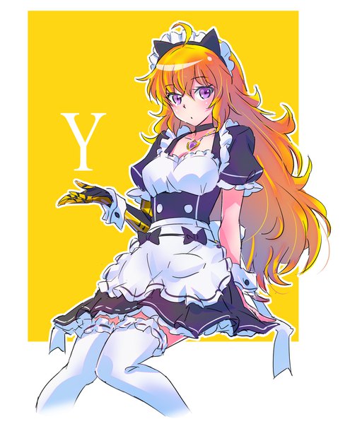 Anime picture 1280x1550 with rwby rooster teeth yang xiao long iesupa single long hair tall image looking at viewer simple background blonde hair purple eyes animal ears cat ears short sleeves maid alternate costume puffy sleeves fake animal ears wavy hair outline