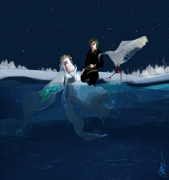 Anime picture 1280x1364 with original hefang (artist) long hair tall image short hair white hair long sleeves very long hair traditional clothes japanese clothes green hair night wide sleeves night sky couple winter snow underwater river girl