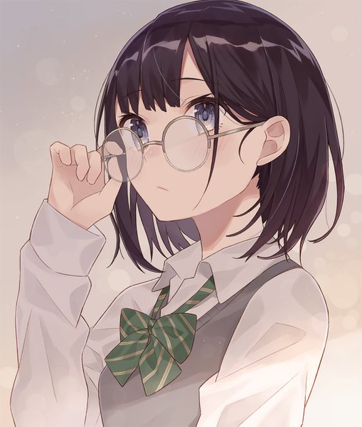 Anime picture 1054x1243 with original nagitoki single tall image blush fringe short hair blue eyes black hair simple background looking away upper body long sleeves adjusting glasses girl uniform school uniform shirt glasses white shirt