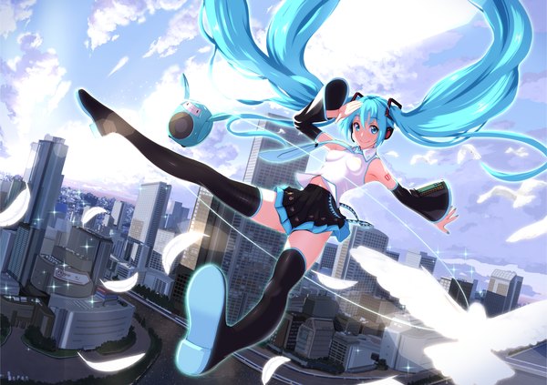 Anime picture 1433x1012 with vocaloid hatsune miku nanahime (aoi) single looking at viewer smile sky cloud (clouds) very long hair aqua eyes aqua hair tattoo city cityscape scenic falling girl skirt detached sleeves miniskirt
