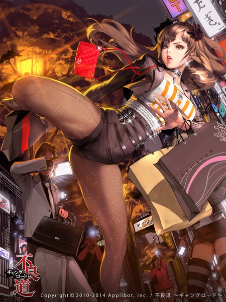 Anime picture 750x1000 with furyou michi ~gang road~ nightmadness long hair tall image light erotic brown hair silver eyes fighting stance thick thighs girl thighhighs boy skirt miniskirt pantyhose striped thighhighs