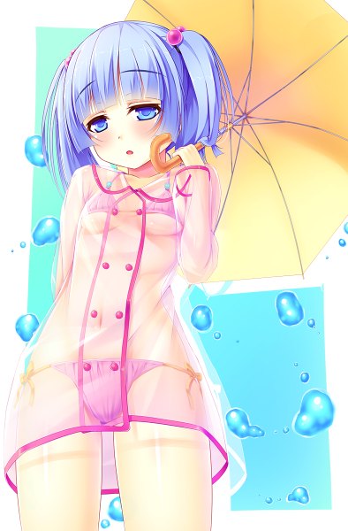 Anime picture 788x1200 with original peragura single tall image blush short hair open mouth blue eyes light erotic blue hair girl navel swimsuit bikini umbrella bubble (bubbles)