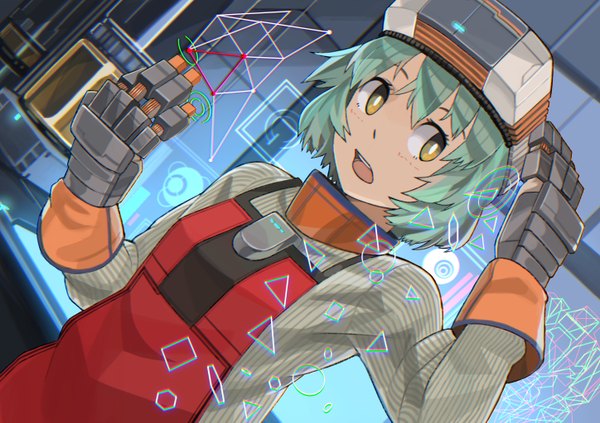 Anime picture 1448x1023 with original rano single short hair open mouth yellow eyes looking away aqua hair dutch angle hand on head goggles on head mechanical arms girl goggles