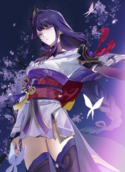 Anime picture 2389x3301 with genshin impact raiden shogun haruno taku single long hair tall image fringe highres light erotic standing purple eyes payot purple hair braid (braids) traditional clothes japanese clothes from below outstretched arm single braid expressionless