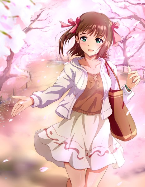 Anime picture 3100x4000 with idolmaster amami haruka hina (araburu-hinadori) single tall image blush highres short hair open mouth brown hair green eyes looking away absurdres wind cherry blossoms outstretched arm girl dress skirt bow