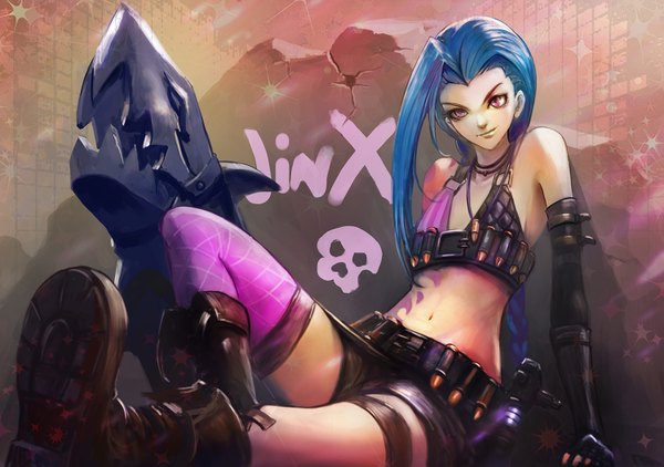 Anime picture 1500x1057 with league of legends jinx (league of legends) turewindwalker long hair looking at viewer open mouth smile sitting bare shoulders blue hair bent knee (knees) pink eyes inscription bare belly tattoo girl thighhighs gloves animal boots