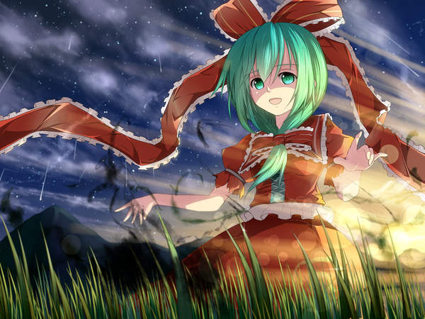 Anime picture 1280x960 with touhou kagiyama hina hidaka kouyou single long hair open mouth green eyes sky green hair evening sunset shooting star girl dress ribbon (ribbons) plant (plants) hair ribbon star (stars) grass