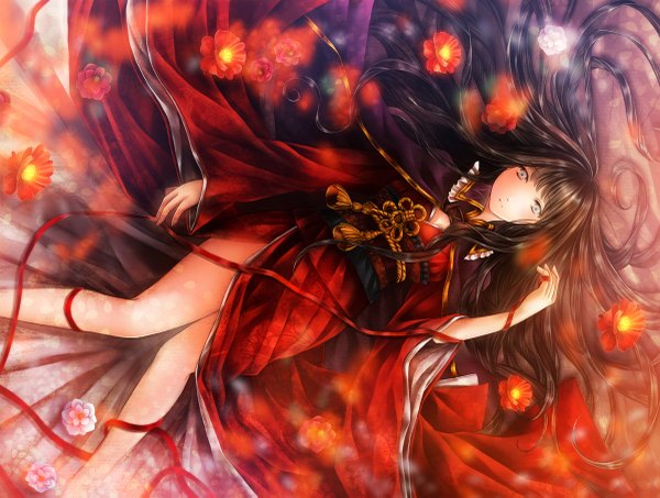 Anime picture 1200x907 with original ankoro single long hair looking at viewer fringe black hair bent knee (knees) lying traditional clothes japanese clothes from above wide sleeves bare legs grey eyes glow girl flower (flowers) ribbon (ribbons) kimono