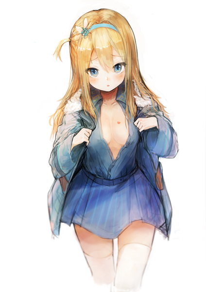 Anime picture 2480x3508 with girls frontline suomi kp31 (girls frontline) broche (timpet) single long hair tall image blush highres breasts blue eyes light erotic simple background blonde hair white background from above no bra open jacket embarrassed zettai ryouiki one side up