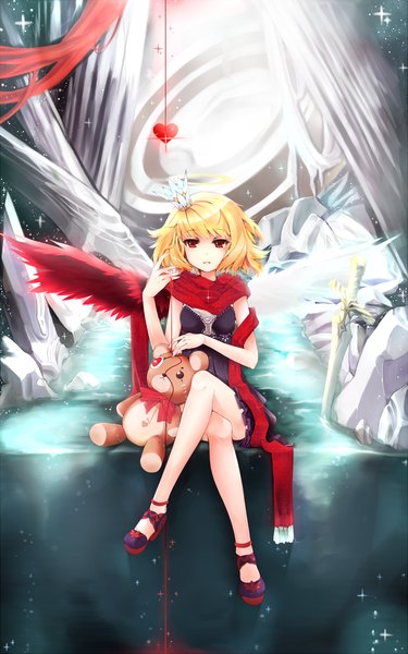 Anime picture 1000x1600 with original hoshi usagi single tall image looking at viewer short hair blonde hair red eyes crossed legs girl dress wings heart toy stuffed animal crown teddy bear