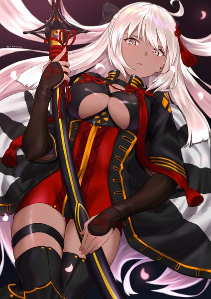 Anime picture 2605x3684 with fate (series) fate/grand order koha-ace okita souji (fate) (all) okita souji alter (fate) takubon single long hair tall image looking at viewer blush fringe highres breasts light erotic simple background large breasts holding signed yellow eyes