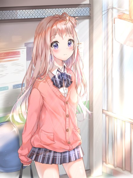 Anime picture 1500x1996 with original cuna (qunya) single long hair tall image looking at viewer blush fringe blue eyes blonde hair standing holding payot ahoge pleated skirt hair bun (hair buns) sleeves past wrists plaid skirt girl skirt