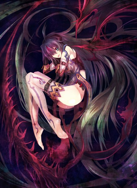 Anime picture 1090x1500 with original mamuru single tall image looking at viewer fringe blue eyes light erotic black hair very long hair multicolored hair horn (horns) hair over one eye embryo's pose girl