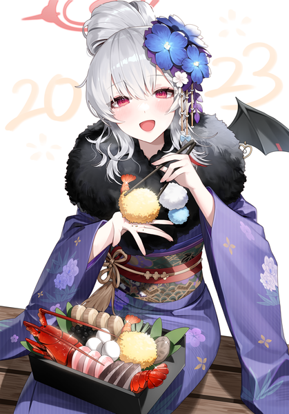 Anime picture 3339x4777 with blue archive haruna (blue archive) haruna (new year) (blue archive) botte single long hair tall image looking at viewer blush fringe highres open mouth simple background hair between eyes red eyes white background sitting absurdres silver hair traditional clothes