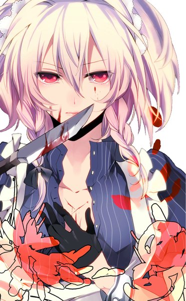 Anime picture 992x1600 with touhou izayoi sakuya mihatarou single long hair tall image simple background red eyes white background pink hair braid (braids) lips twin braids bloody weapon girl gloves bow hair bow black gloves blood