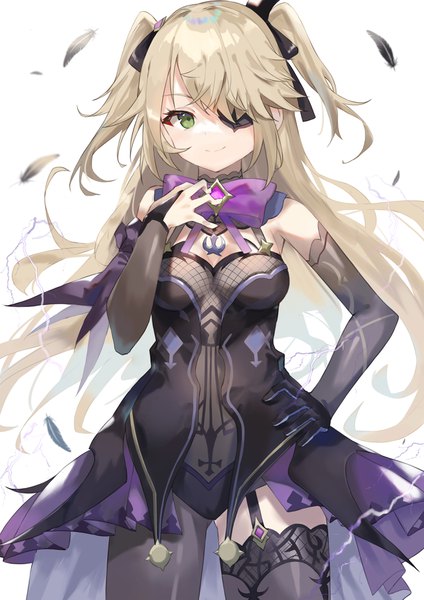 Anime picture 2894x4093 with genshin impact fischl (genshin impact) motota single long hair tall image looking at viewer highres light erotic blonde hair smile white background green eyes two side up hand on hip hand on chest girl feather (feathers) eyepatch