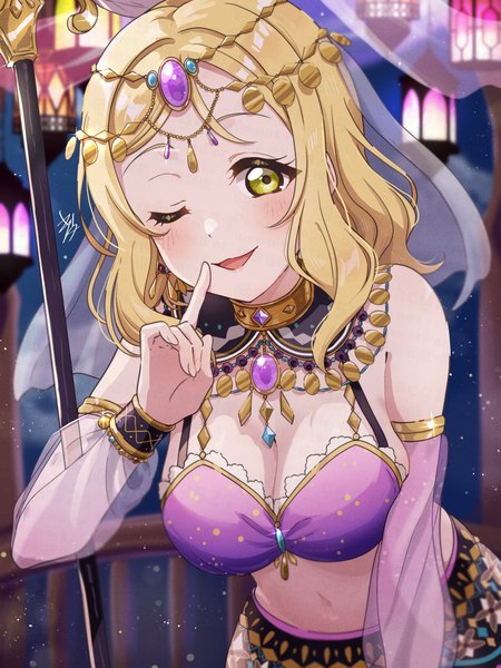 Anime picture 1875x2500 with love live! sunshine!! sunrise (studio) love live! ohara mari kyaku tasu single long hair tall image looking at viewer blush highres breasts open mouth light erotic blonde hair smile large breasts standing bare shoulders green eyes