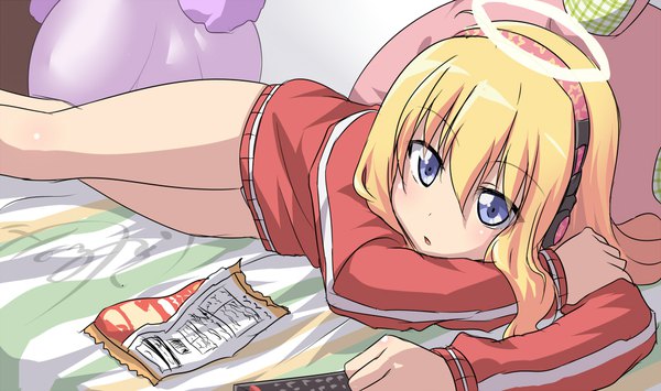 Anime picture 1000x592 with gabriel dropout doga kobo tenma gabriel white umalutsufuri single long hair looking at viewer fringe open mouth blue eyes light erotic blonde hair hair between eyes wide image signed indoors lying long sleeves bare legs on side