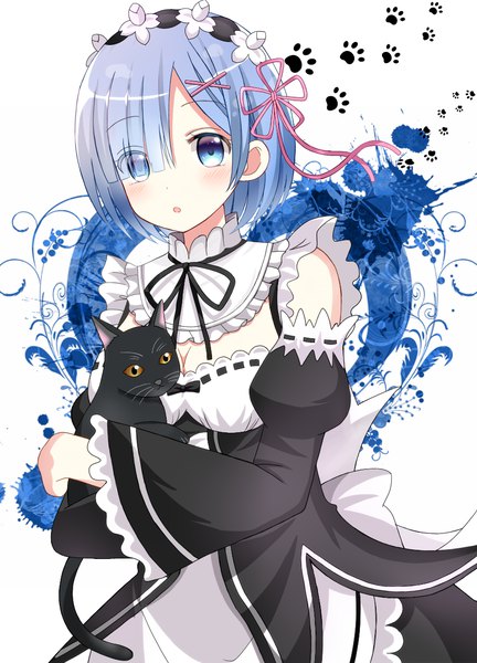 Anime picture 900x1250 with re:zero kara hajimeru isekai seikatsu white fox rem (re:zero) ryoutan single tall image looking at viewer blush fringe short hair blue eyes blue hair upper body hair over one eye maid paw print girl uniform flower (flowers) detached sleeves