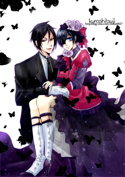 Anime picture 1200x1702 with kuroshitsuji a-1 pictures sebastian michaelis ciel phantomhive tall image looking at viewer short hair open mouth blue eyes black hair smile red eyes sitting nail polish inscription multiple boys high heels demon butler victorian