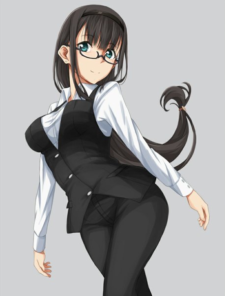 Anime picture 811x1063 with original sblack single long hair tall image looking at viewer blue eyes black hair simple background light smile girl shirt glasses white shirt hairband suit