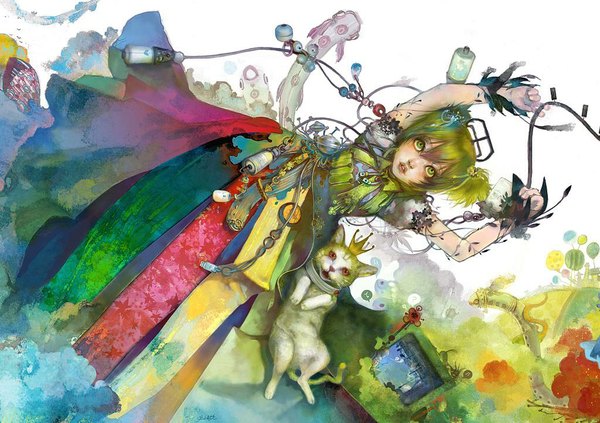 Anime picture 1024x722 with original blazewu short hair twintails green eyes green hair girl dress plant (plants) cat crown wire (wires) balloon