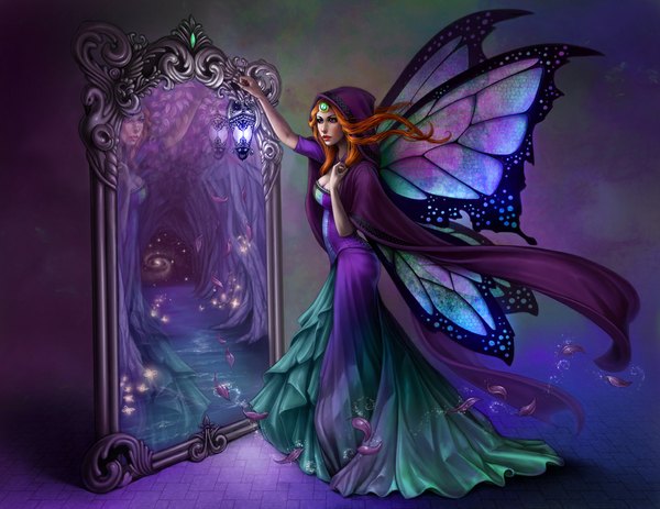 Аниме картинка 1100x850 с enchantress-lele один (одна) длинные волосы фиолетовые глаза губы оранжевые волосы отражение крылья насекомого крылья бабочки девушка платье крылья капюшон зеркало