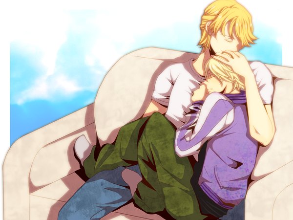 Anime picture 1200x900 with tiger & bunny sunrise (studio) ivan karelin keith goodman hi (artist) short hair blonde hair eyes closed multiple boys hand on head shounen ai boy jacket 2 boys pants t-shirt armchair